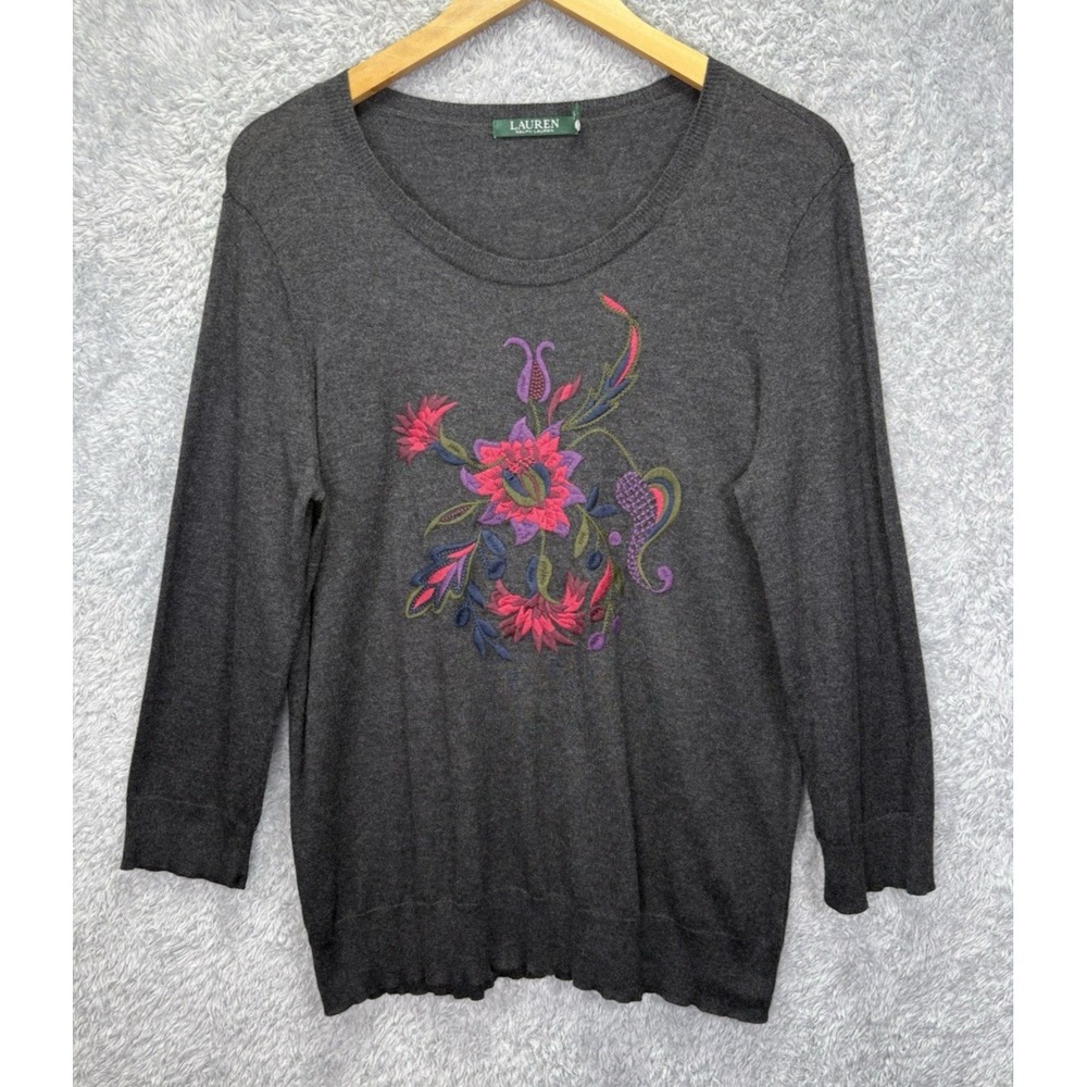 Lauren Ralph Lauren Women L Gray Floral Embroidered 3/4 Sleeve Knit Top Boho